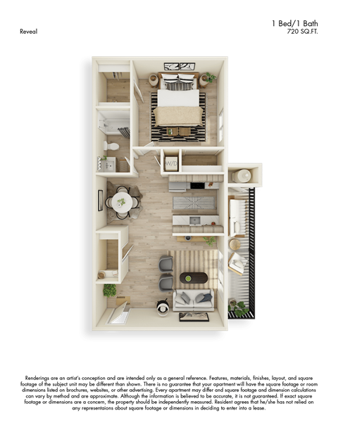 Floor plan for 1 bed, 1 bath, 720 sqft